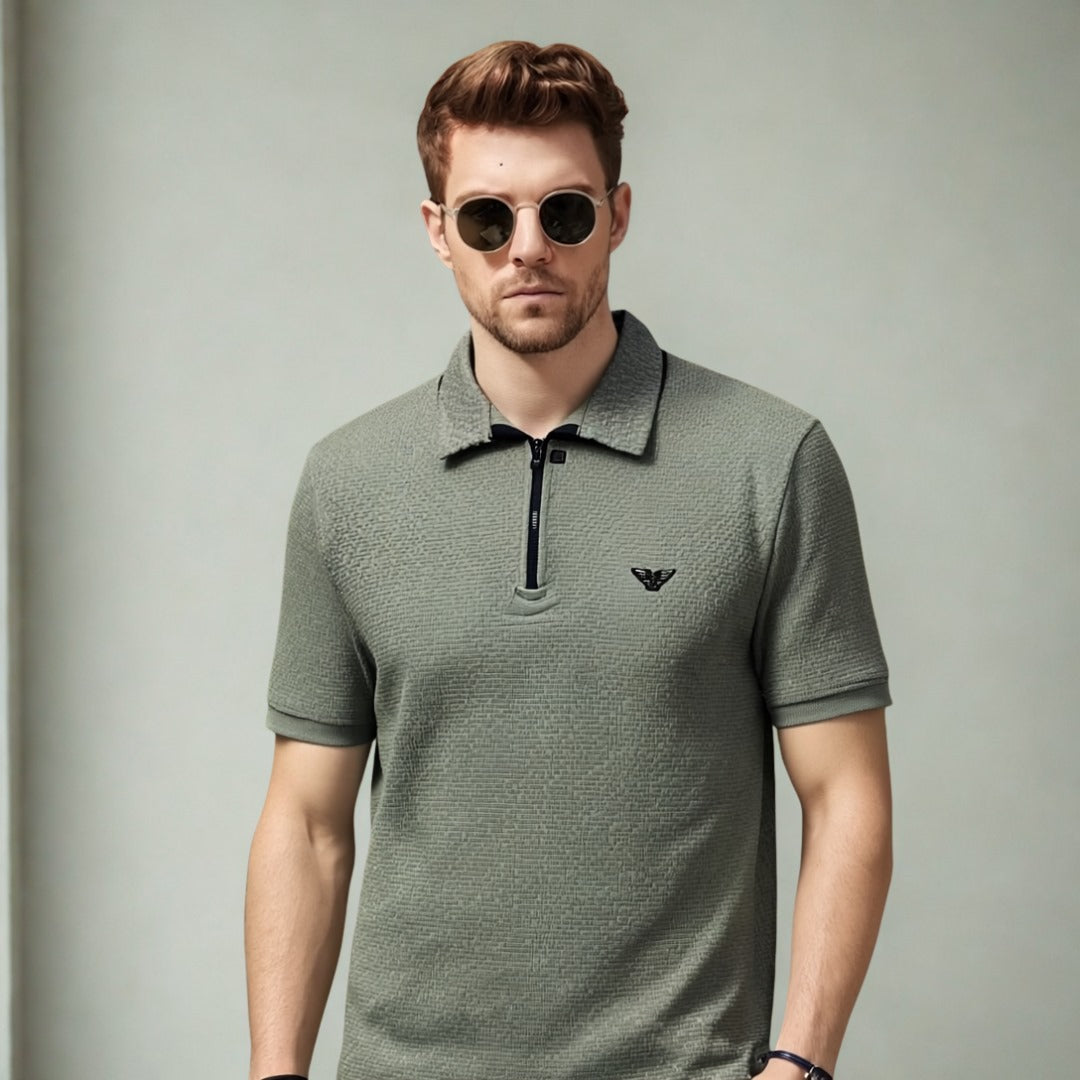 Armani Eagle Icon Zip Collar Luxe Cotton Men’s T-Shirt